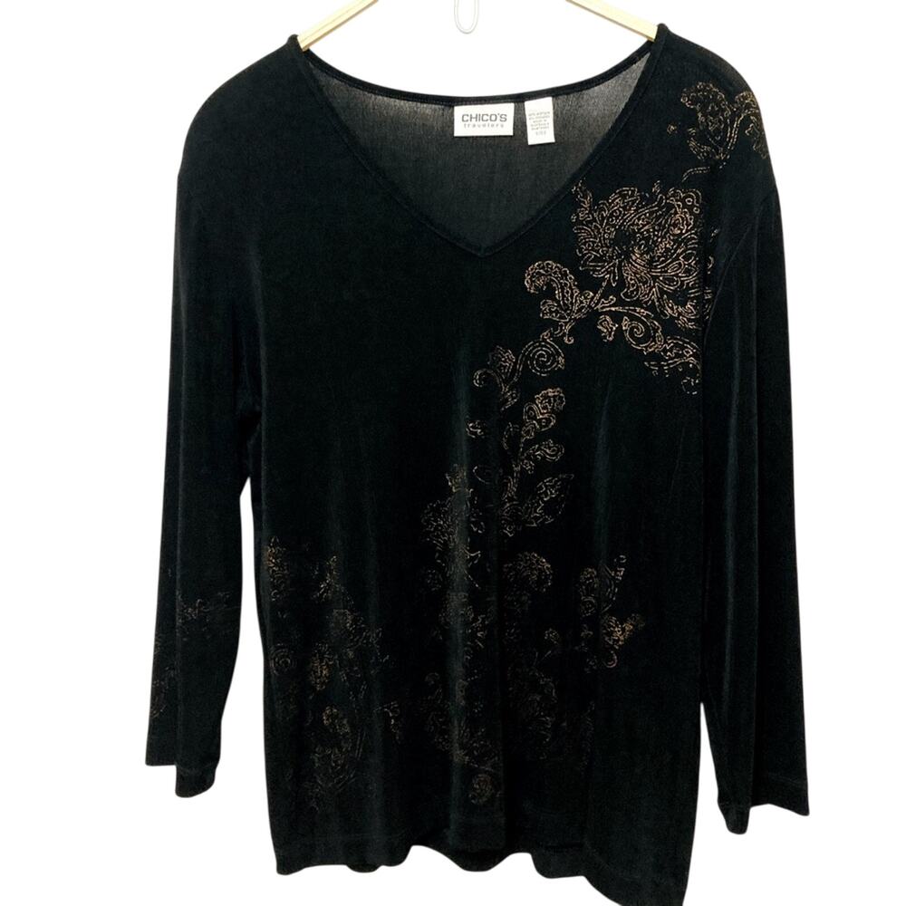 Chico’s Travelers Black Holographic Gold Floral Paisley V-neck Top Large